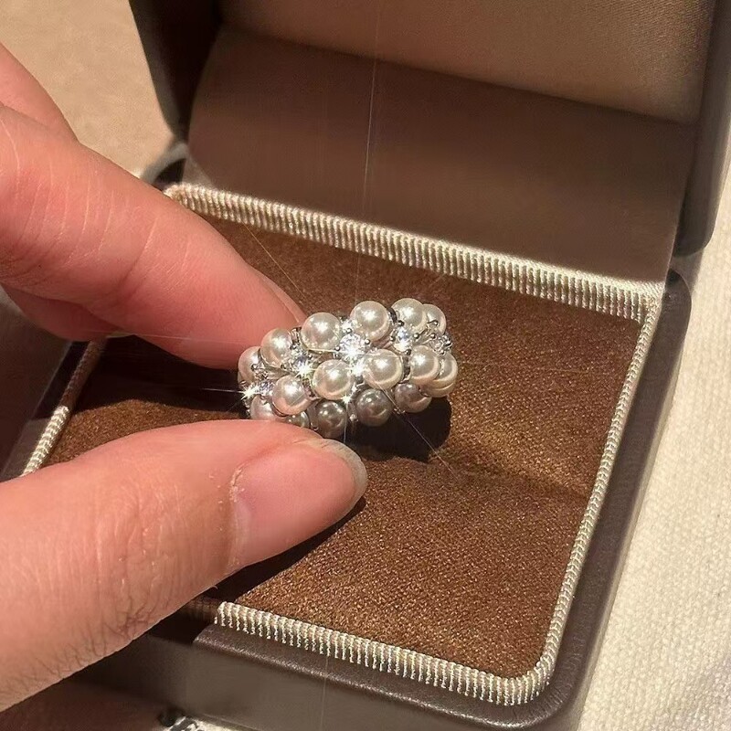 重工双排编织轻奢闪钻珍珠小众高级百搭戒指女氛围感指环戒指时尚