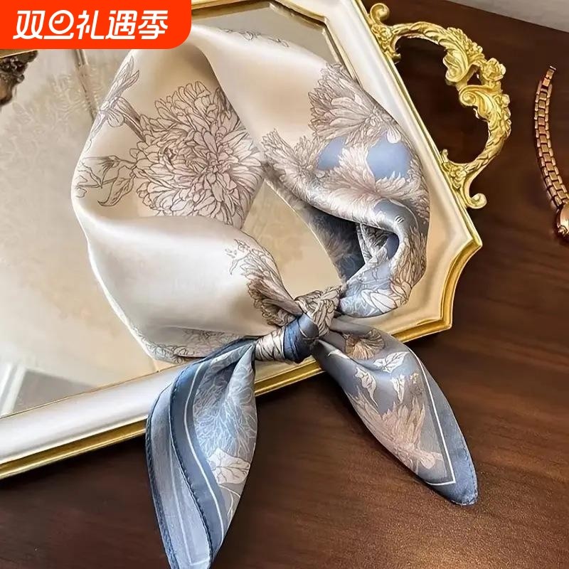 70丝巾方巾高级感 韩系时尚百搭职业真丝小领巾复古印花丝巾女