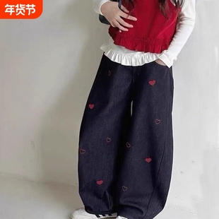 童装女童秋冬季加绒弯刀牛仔裤儿童加厚绒休闲长裤子阔腿松紧腰