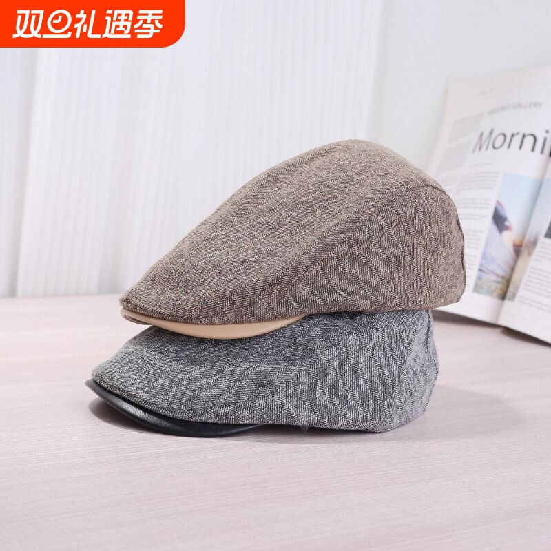 英伦风复古棉麻前进帽子女春秋季网红时尚百搭报童贝雷帽灰色休闲