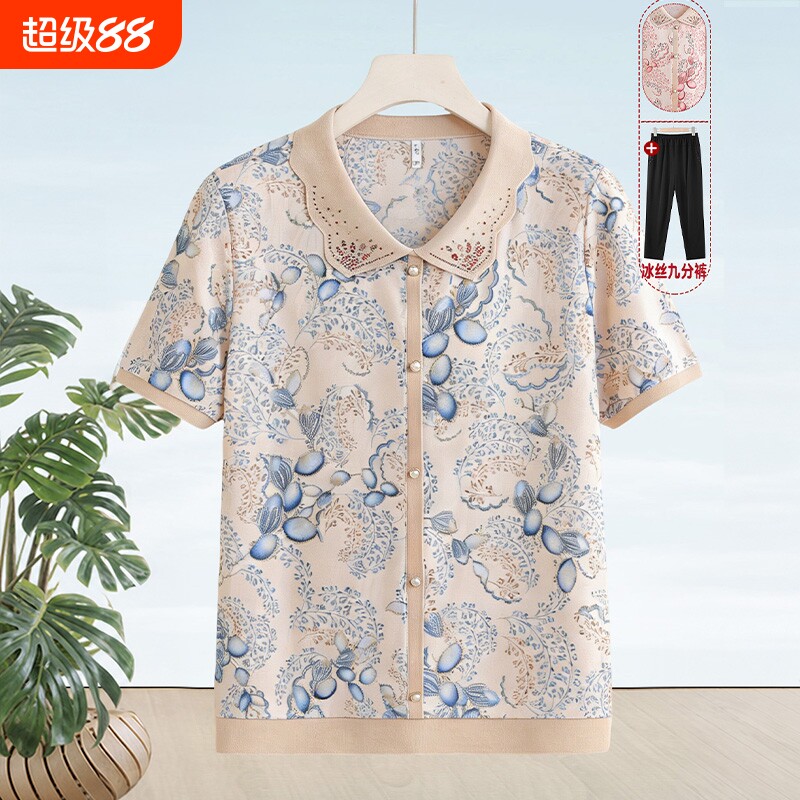 中老年人妈妈夏装短袖t恤女夏季洋气今年流行新款上衣奶奶装衬衫