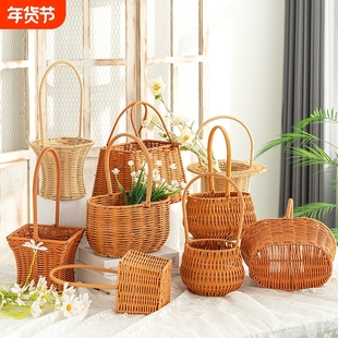 仿藤编铁艺造型手提花篮手提篮鲜花绿植篮子手工编织客厅装饰摆件