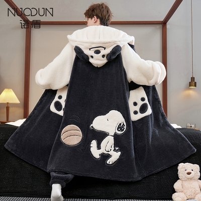 珊瑚绒秋冬季加绒加厚连帽睡袍男