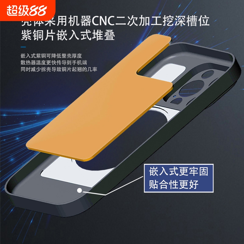 适用iPhone15promax/16pro/14/13/12/11磁吸嵌入式紫铜散热手机壳石墨烯软胶制冷均热铝合金全包式保护套