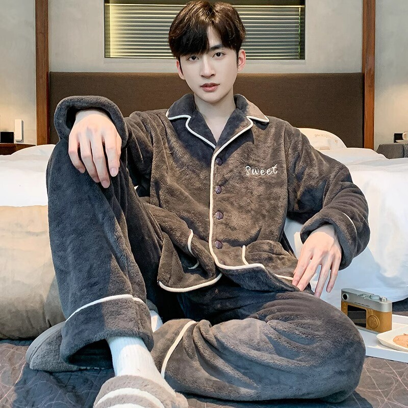 珊瑚绒睡衣男士秋冬款加厚加绒保暖法兰绒青少年冬季家居服男套装