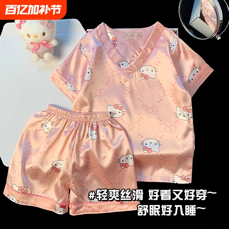 冰丝亲子中大童儿童夏季短袖短裤女孩薄款女童睡衣甜美家居服套装