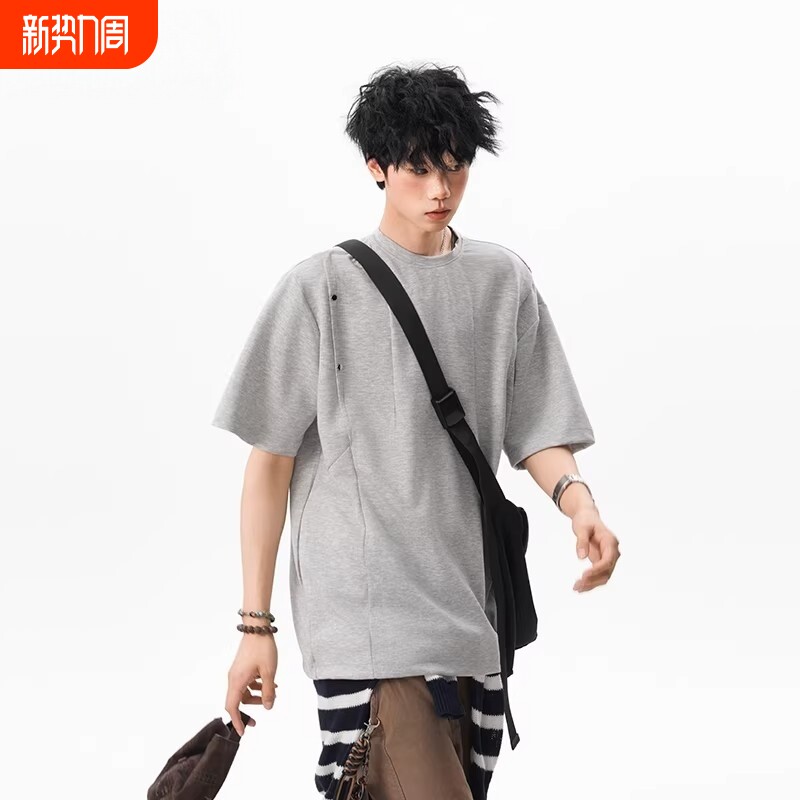 美式复古活页解构短袖男女夏季铆钉设计重磅T恤宽松boxy正肩半袖