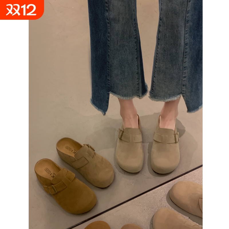 他她女孩勃肯鞋女2025新款秋冬加绒鞋子包头半拖鞋一脚蹬高跟手工