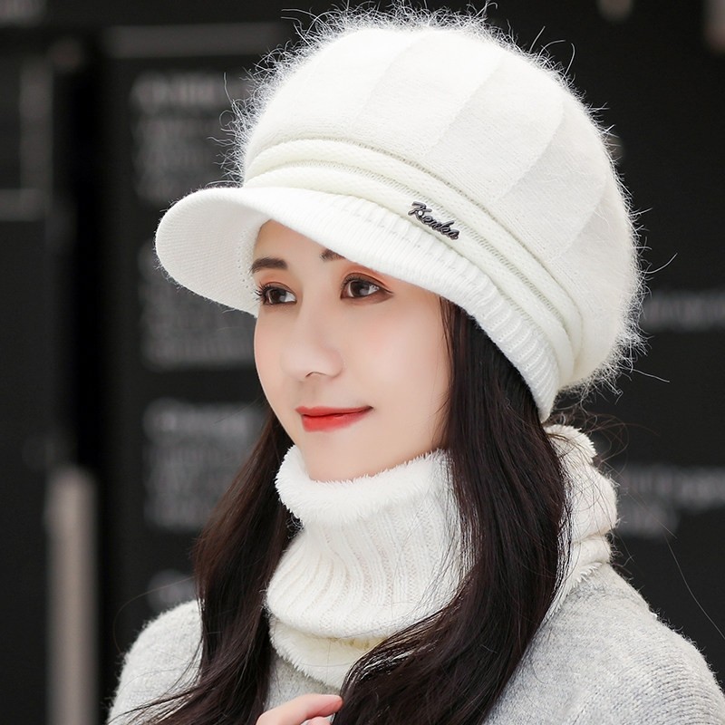 中老年帽子女士冬季针织帽保暖加厚短檐毛线帽寒兔毛帽子围脖套装