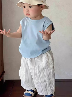 婴儿衣服夏装防蚊裤子男宝宝蓝色纯棉背心儿童装夏日两件套装薄款