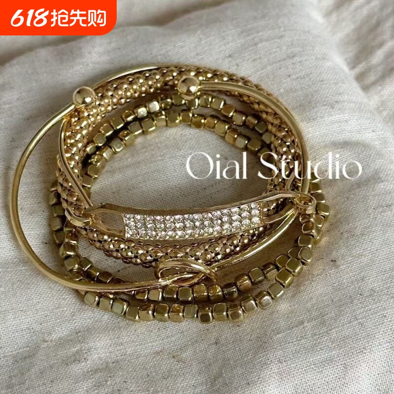 Vintage古着 中古细金色手镯套装欧美风爆款精致百搭设计感手