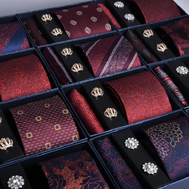 领带方巾袖扣男士红色结婚正装条纹新郎喜庆 3件套新款礼盒装批发