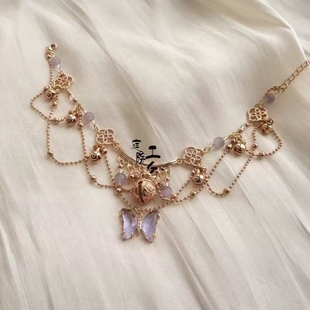 原创设计紫色蝴蝶铃铛脚链汉服古风cos配饰流苏异域风情礼物手链