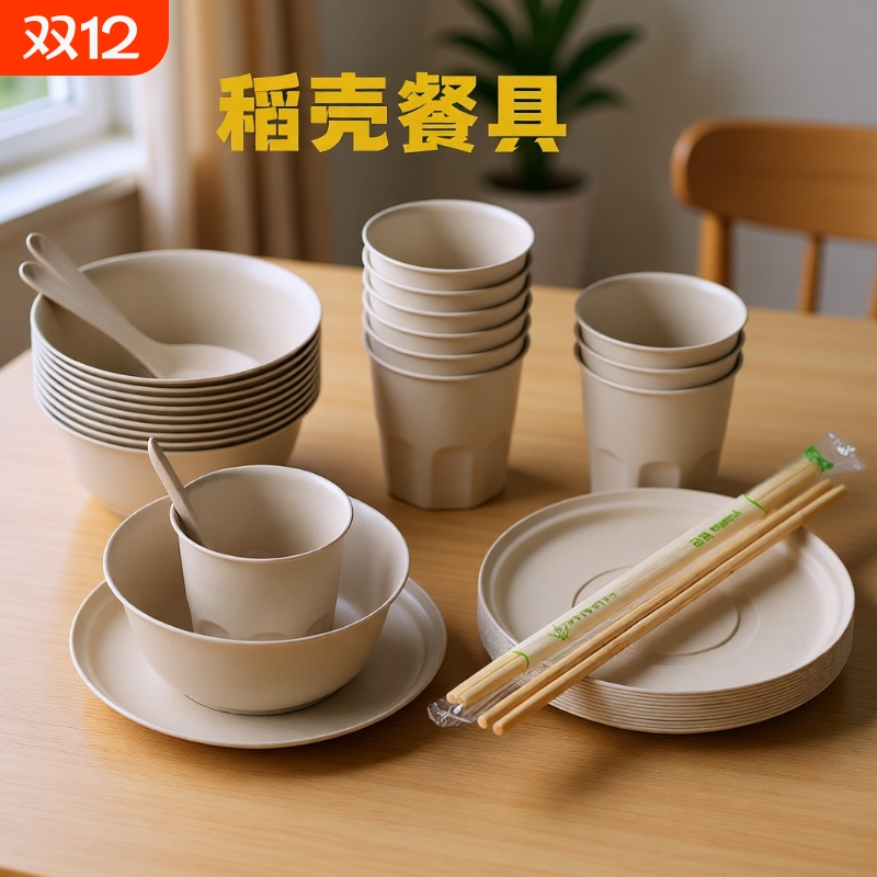 稻壳一次性餐具碗筷套装勺杯子饭碗碟食品级聚餐家用野餐四件套