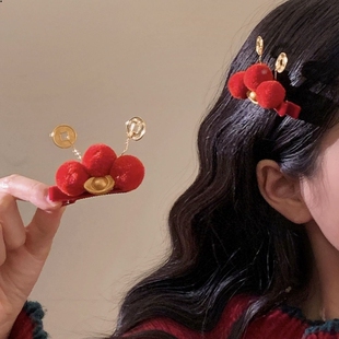 招财红毛球铜钱元宝财神汉服发夹新年儿童发饰古风新中式头饰短发
