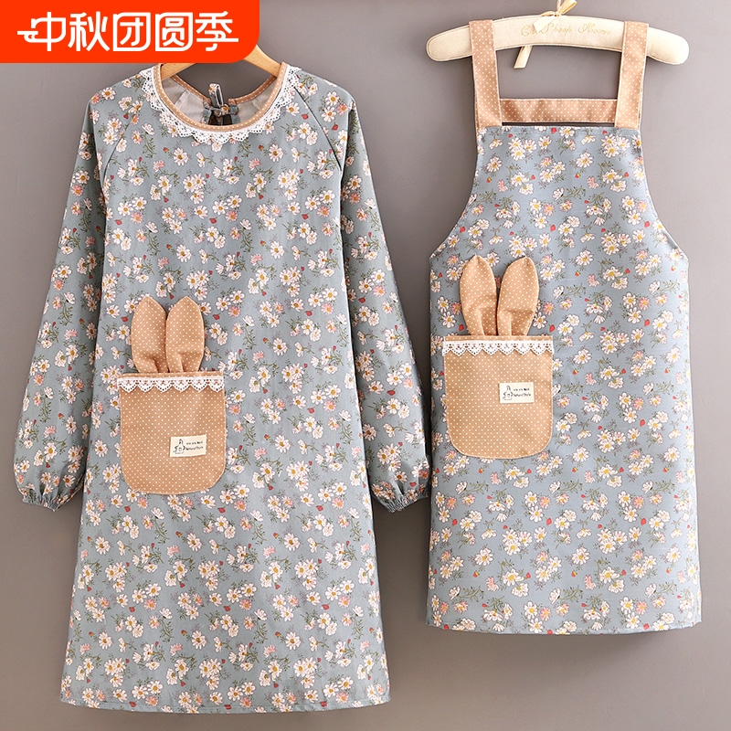 韩版长袖帆布围裙女家用厨房做饭罩衣防污透气餐饮工作服大人围腰