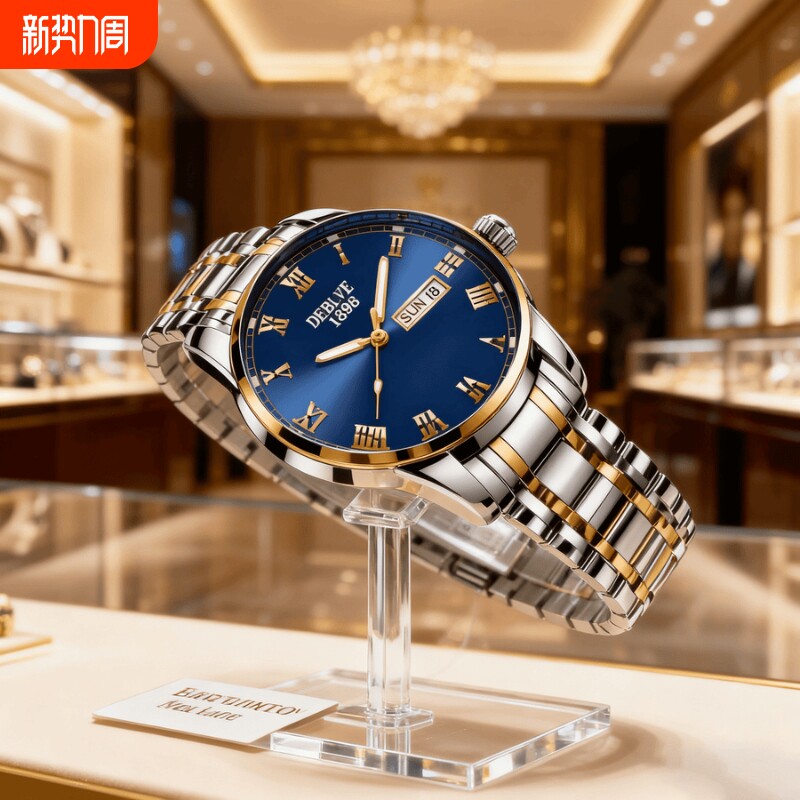 正品瑞士2024新款手表男士全自动机械风防水精钢带双日历男表夜光