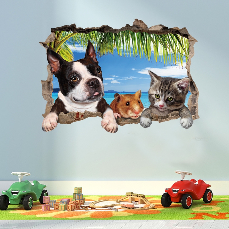 全新升级版新款创意3d立体猫狗鼠破墙装饰墙贴儿童房卧室贴画墙贴图片