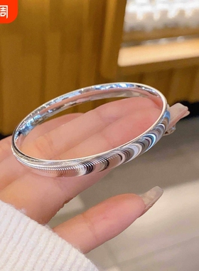 幂琳猫眼银手镯女纯银9999足银拉丝闭口实心银镯子小众设新款蝴蝶