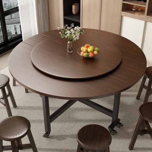 饭店大圆桌移动圆形餐桌简约多功能折叠桌酒店实木吃饭桌子带转盘