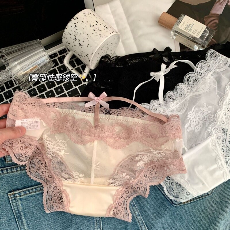 法式蕾丝内裤女夏薄款性感蝴蝶结网纱花边透明纯欲少女低腰三角裤