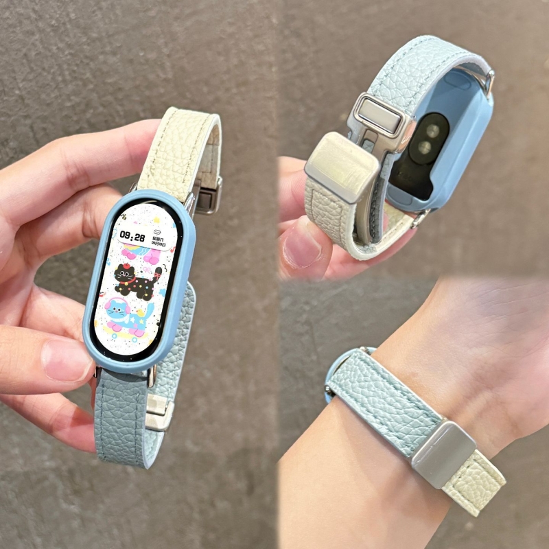 适用小米手环10表带拼色荔枝纹9NFC折叠磁吸扣8陶瓷版防摔保护套壳替换智能运动配件蓝拼白腕带