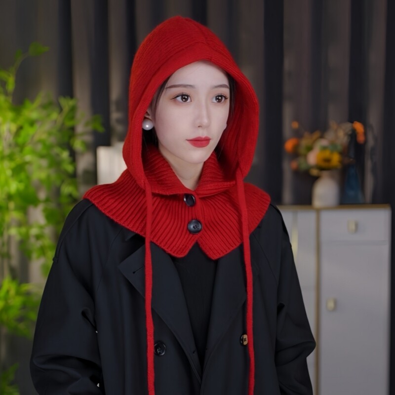 帽子女士冬2025新款毛线针织围脖一体巴拉克拉法帽冬季女款红色