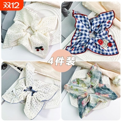 韩系蓝色格子方巾大肠发圈女方形头绳高级感慵懒风扎头发大号发饰