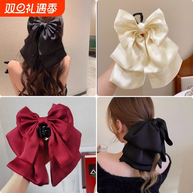 高级感黑色蝴蝶结抓夹大号气质缎面发夹高端在逃公主半扎发头饰女