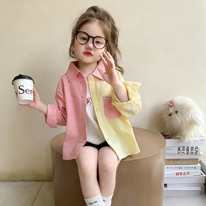 女童拼色衬衫2026新款儿童薄款防晒长袖上衣中大童夏装儿童学生图片