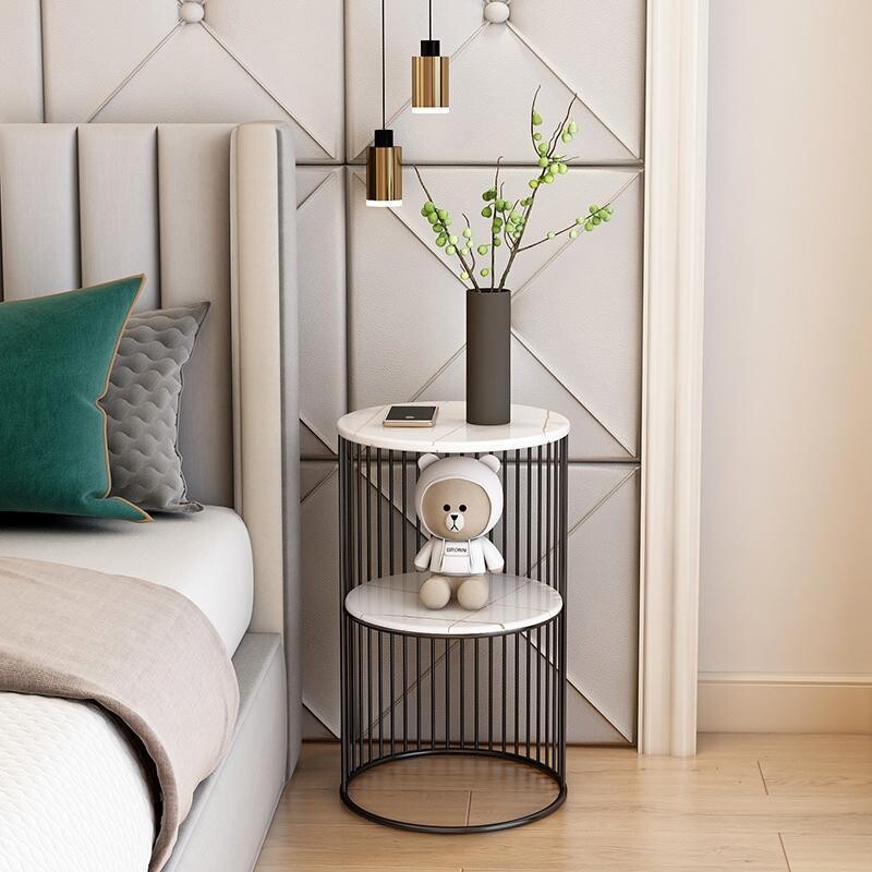 a床头柜现代简约小型简易轻奢免安装儿童迷你奶油风岩板圆形床边