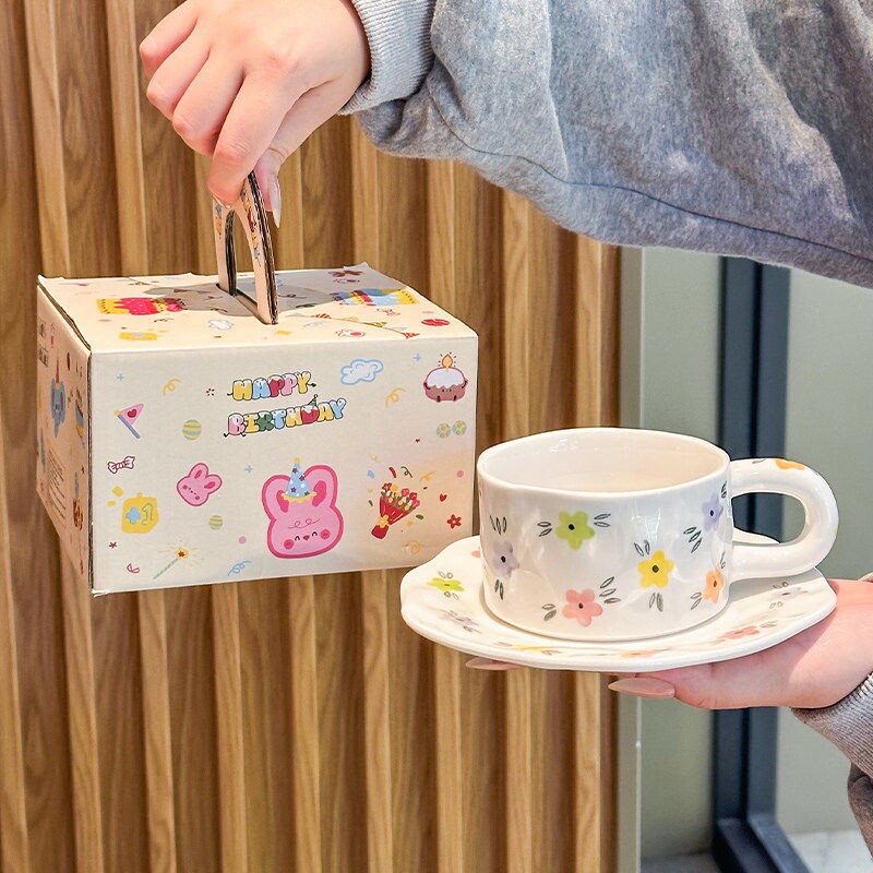创意手绘咖啡杯碟釉下彩下午茶陶瓷马克杯高级感生日礼物伴手礼盒