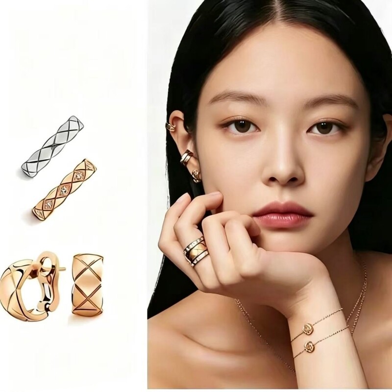Jennie同款菱格纹耳环coco菱形耳骨夹小香风高级感s925
