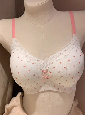甜美小蝴蝶结无痕少女碎花内衣女小胸舒适无钢圈高中女生文胸黑色