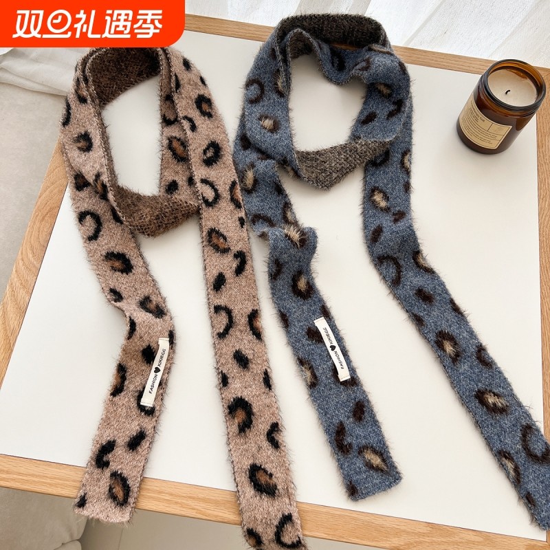 含羊毛豹纹细窄长款围巾男女秋冬季保暖氛围感辣妹装饰围脖潮粉色