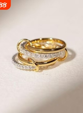 亚马逊新品堆叠立方氧化锆戒指18k金钛钢厚实高光泽金银双拼戒指