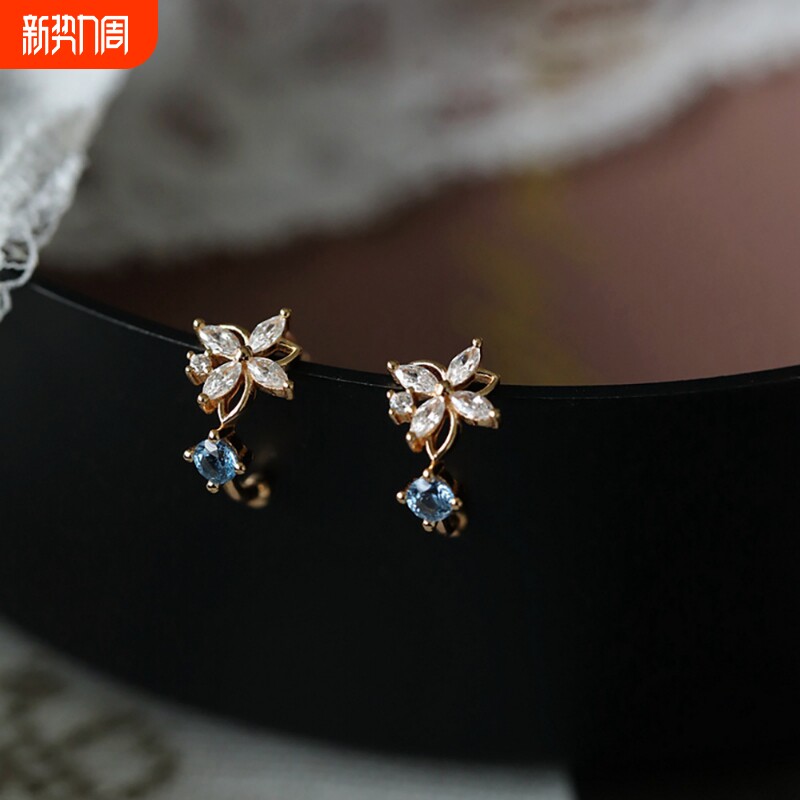 迷你蓝色小雏菊无耳洞耳夹女 纯银镀14K金色田园风气质仙女耳骨夹