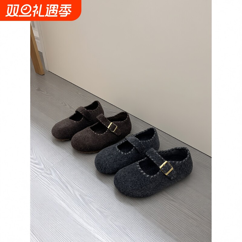 【韩小姐】复古毛呢内增高玛丽珍鞋女2025秋季新款编织加绒勃肯鞋