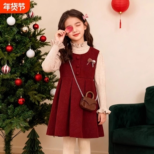 女童红色拜年服连衣裙2026冬季大童女孩过年毛衣裙子洋气儿童套装