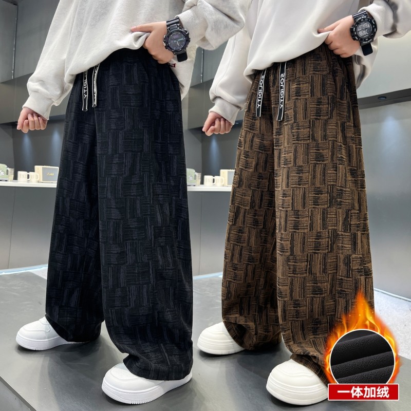 男童加绒裤子秋冬儿童一体绒冬季男大童初中生宽松直筒休闲裤新款