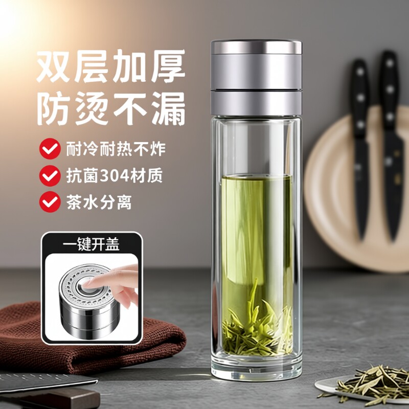一键开盖高硼硅玻璃杯水杯车载双层男士泡茶保温速开茶水分离茶杯