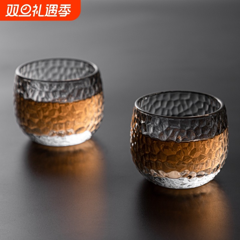 茶具玻璃杯茶杯专柜日式双层手工耐热不烫手隔热单杯锤纹冰川水晶