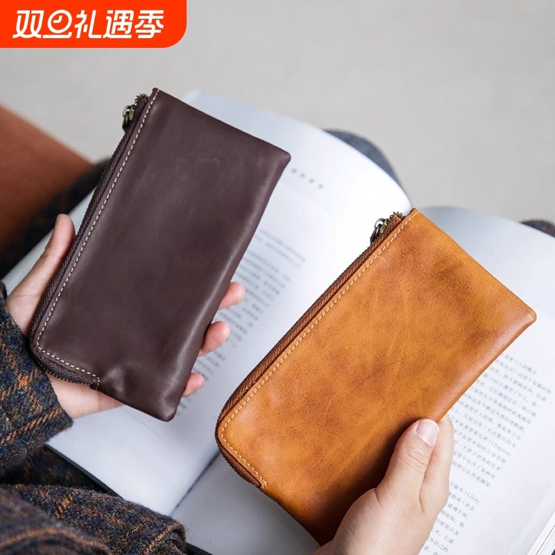 真皮长款钱包女士复古手拿包拉链手拿零钱超薄卡包收纳包大容量