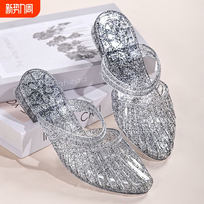 两穿凉拖鞋水晶塑料ins果冻透明防滑女夏季尖头镂空鞋子粗跟中跟