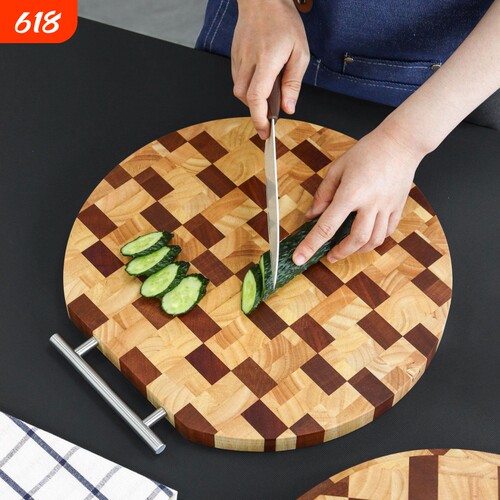 实木棋盘格切菜板圆形木质砧板厨房剁肉案板切水果板面包板ins风