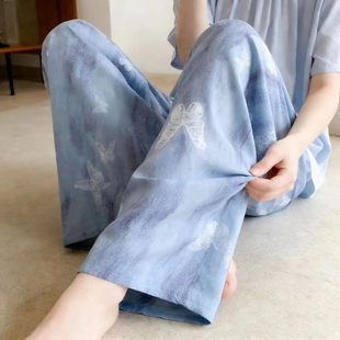 棉绸睡裤女夏薄款棉绸长款阔腿裤印花居家可外穿人造棉裤子加大码