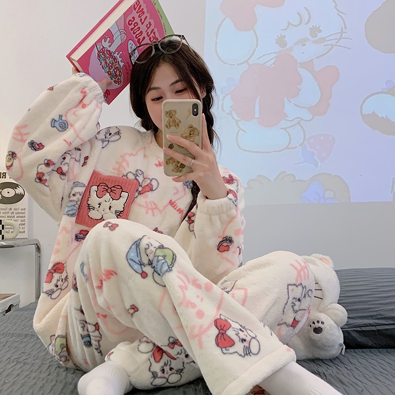 珊瑚绒睡衣女秋冬季加厚加绒可外穿学生法兰绒家居服套装休闲可爱
