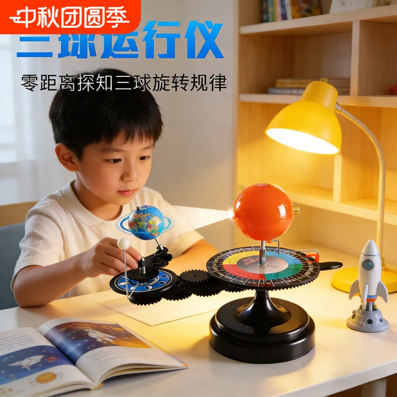 三球仪月相盒太阳地球月亮公转自转模型天体运行教具八大行星天球仪地理教学演示仪器电动高中转动构造地图
