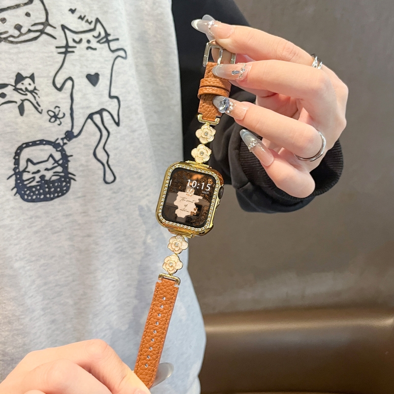 适用苹果手表S10表带鎏金山茶花11棕色秋冬iWatch9荔枝纹创意小众腕带7金属拼皮6/5/4棕色黑色蓝色ultra3/2/1