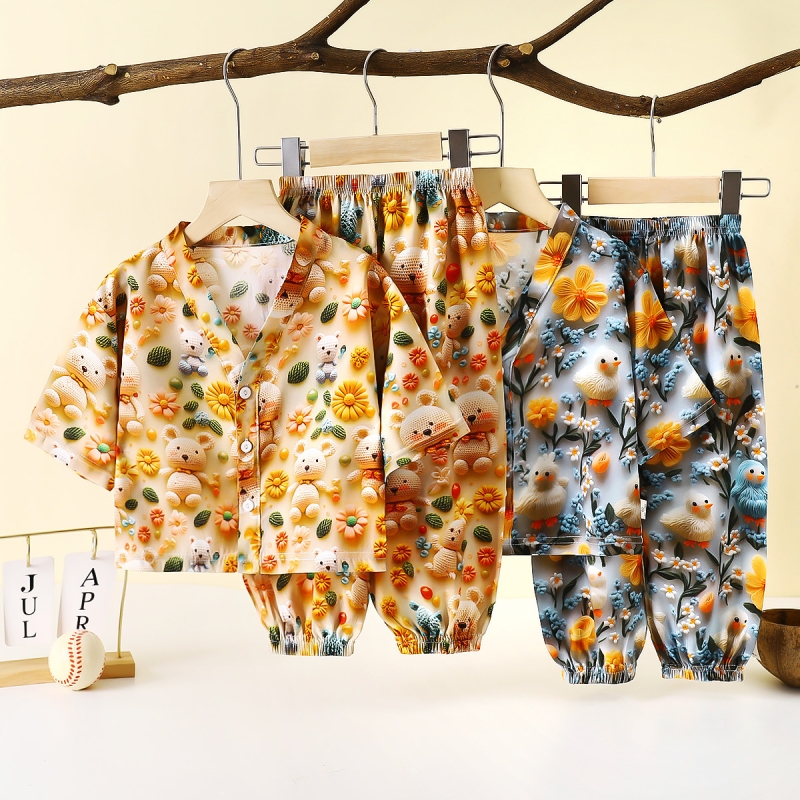 儿童绵绸睡衣套装夏季人造棉空调服男女童棉绸家居服两件套童装